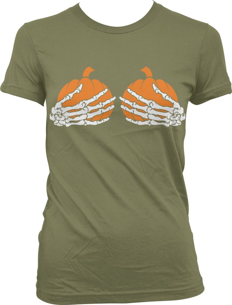 Pumpkin Tits Skeleton Hands Grabbing Boobs Halloween Juniors T Shirt